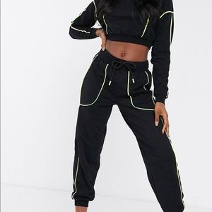 Set of 2 Asos design crop sweat and joggers tracksuit with neon piped detail